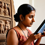 The Modern Conservator's Toolkit**

"A dedicated South Asian heritage conservator (male or female) in a close-up shot, meticulously working on an ancient Indian stone carving or artifact. One hand holds a traditional small chisel or a delicate brush, while the other is looking at a modern tablet displaying a detailed 3D scan or architectural blueprint of the heritage site. In the background, a historic Indian temple or fort wall is subtly visible, with a drone flying nearby. The image should convey a blend of deep historical respect, scientific precision, and the integration of cutting-edge technology in conservation. The lighting is warm and natural, emphasizing focus and passion. Realistic, high detail."

**