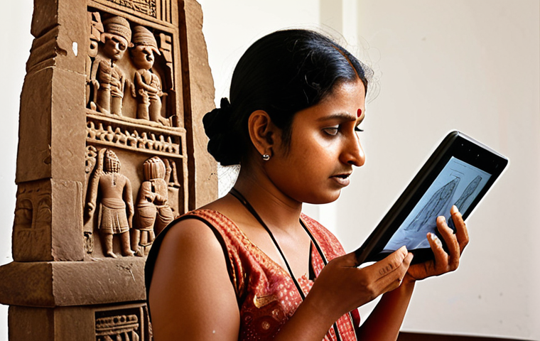 The Modern Conservator's Toolkit**
"A dedicated South Asian heritage conservator (male or female) in a close-up shot, meticulously working on an ancient Indian stone carving or artifact. One hand holds a traditional small chisel or a delicate brush, while the other is looking at a modern tablet displaying a detailed 3D scan or architectural blueprint of the heritage site. In the background, a historic Indian temple or fort wall is subtly visible, with a drone flying nearby. The image should convey a blend of deep historical respect, scientific precision, and the integration of cutting-edge technology in conservation. The lighting is warm and natural, emphasizing focus and passion. Realistic, high detail."
**
