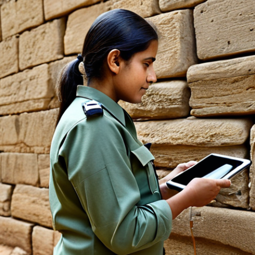 Home 14 A professional female heritage conservationist in a modest field uniform, carefully examining an ancient stone wall in a historic Indian fort. She is holding a handheld device for scientific analysis. The background features weathered sandstone walls under natural light, showing subtle signs of environmental impact. Professional photography, high detail, realistic, professional dress, appropriate attire, fully clothed, safe for work, appropriate content, perfect anatomy, correct proportions, natural pose, well-formed hands, proper finger count, natural body proportions, family-friendly.