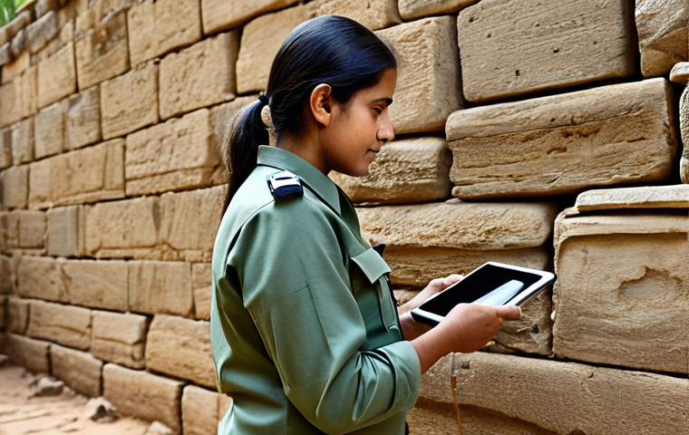 A professional female heritage conservationist in a modest field uniform, carefully examining an ancient stone wall in a historic Indian fort. She is holding a handheld device for scientific analysis. The background features weathered sandstone walls under natural light, showing subtle signs of environmental impact. Professional photography, high detail, realistic, professional dress, appropriate attire, fully clothed, safe for work, appropriate content, perfect anatomy, correct proportions, natural pose, well-formed hands, proper finger count, natural body proportions, family-friendly.