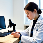 A professional cultural heritage restoration technician in a clean, light-colored lab coat over modest, appropriate attire, meticulously examining an ancient, delicate ceramic pot on a well-lit workbench. Modern conservation equipment like a digital microscope and a computer screen displaying analytical data are visible in the background. The atmosphere is calm, precise, and highly professional. Perfect anatomy, correct proportions, natural pose, well-formed hands, proper finger count, natural body proportions, professional photography, high detail, sharp focus, natural lighting, safe for work, appropriate content, fully clothed, professional dress, modest, family-friendly.