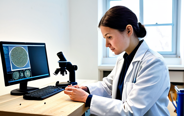 A professional cultural heritage restoration technician in a clean, light-colored lab coat over modest, appropriate attire, meticulously examining an ancient, delicate ceramic pot on a well-lit workbench. Modern conservation equipment like a digital microscope and a computer screen displaying analytical data are visible in the background. The atmosphere is calm, precise, and highly professional. Perfect anatomy, correct proportions, natural pose, well-formed hands, proper finger count, natural body proportions, professional photography, high detail, sharp focus, natural lighting, safe for work, appropriate content, fully clothed, professional dress, modest, family-friendly.