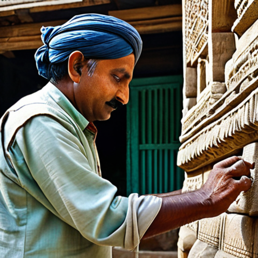 Traditional Restoration**

"A skilled artisan meticulously repairing a weathered stone facade of an ancient Indian temple, using hand tools and locally sourced materials like stone and lime mortar, appropriate attire, safe for work, correct proportions, natural pose, family-friendly, professional, well-formed hands, proper finger count, natural body proportions, safe for work, appropriate content, fully clothed, modest clothing, traditional Indian clothing, historical accuracy"

**