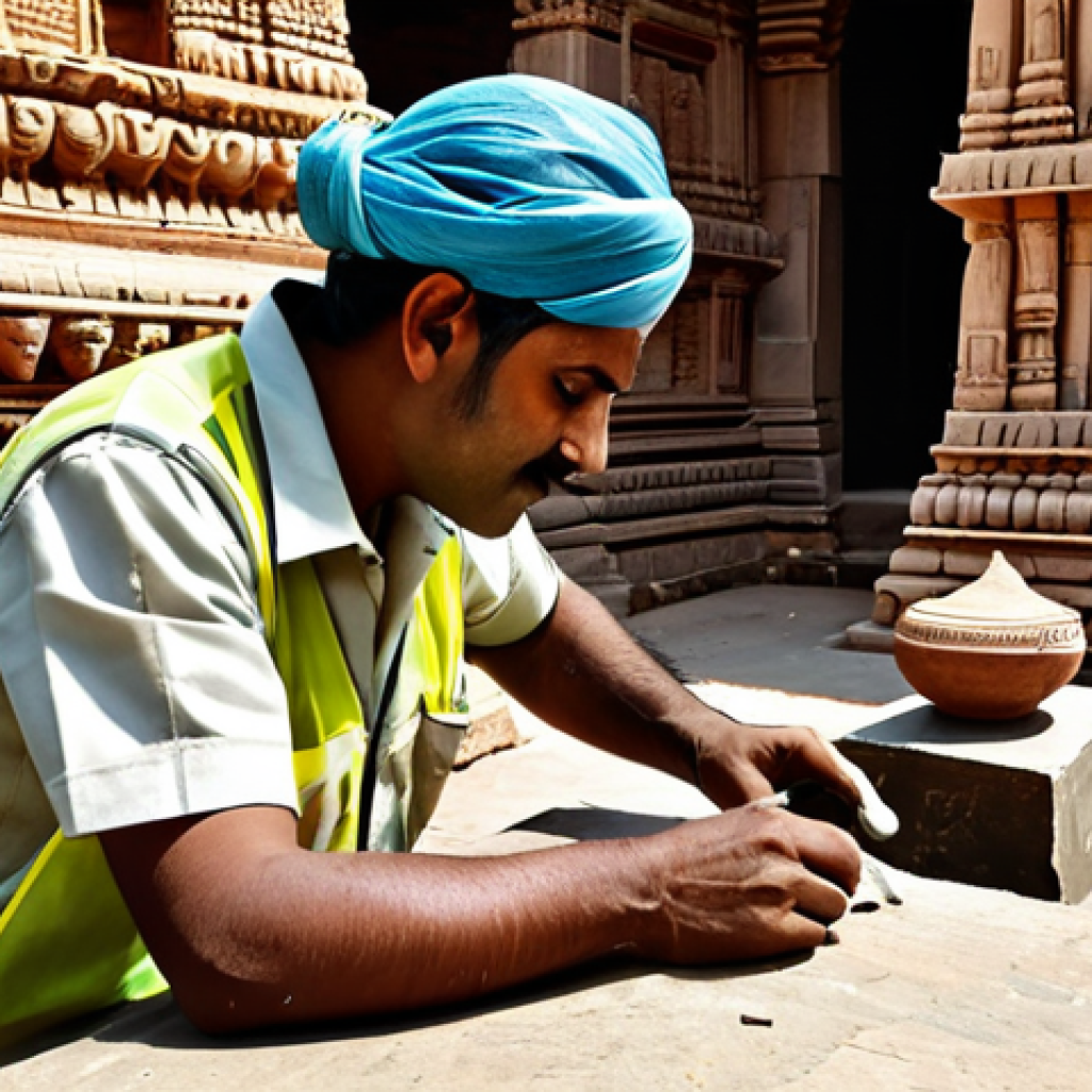 **

A professional conservation technician, fully clothed in appropriate work attire, carefully repairing a section of an ancient stone temple in India. The scene should depict intricate carvings and details, showcasing the technician's skill. Safe for work, professional setting, perfect anatomy, natural lighting, high resolution.

**