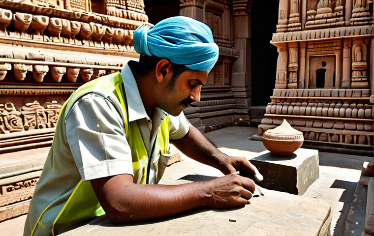 **

A professional conservation technician, fully clothed in appropriate work attire, carefully repairing a section of an ancient stone temple in India. The scene should depict intricate carvings and details, showcasing the technician's skill. Safe for work, professional setting, perfect anatomy, natural lighting, high resolution.

**