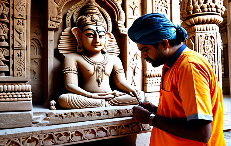문화재수리기술자 자격시험과 관련된 정책 - **Prompt:** A skilled artisan carefully restoring an ancient Indian temple carving, fully clothed in...
