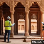 문화재수리기술자 실무에서의 문제 해결 능력 - A detailed scene of a team of technical experts inspecting an ancient Indian heritage building made ...