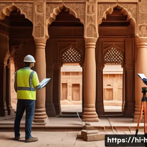 문화재수리기술자 실무에서의 문제 해결 능력 - A detailed scene of a team of technical experts inspecting an ancient Indian heritage building made ...