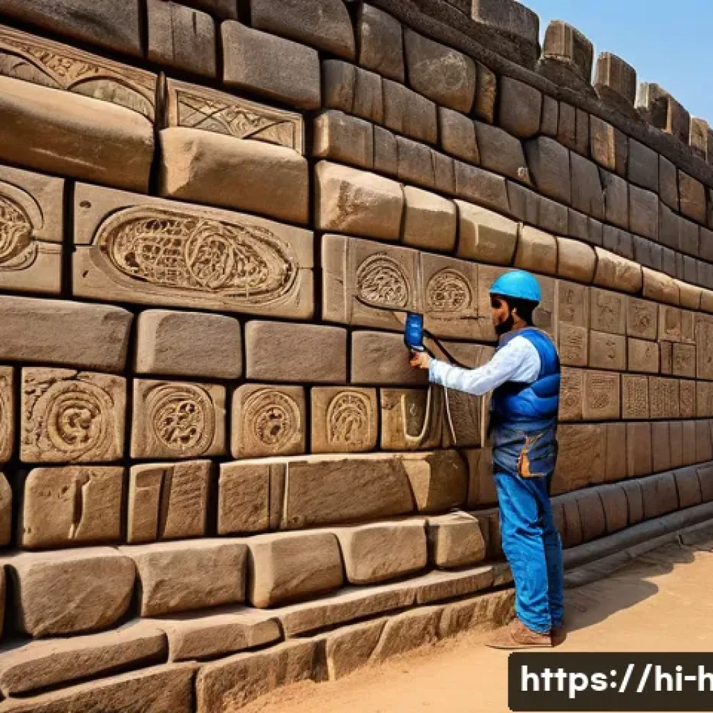 문화재수리기술자 채용 시 요구되는 능력 - A skilled restoration technician carefully examining an ancient stone wall of a historic fort in Ind...