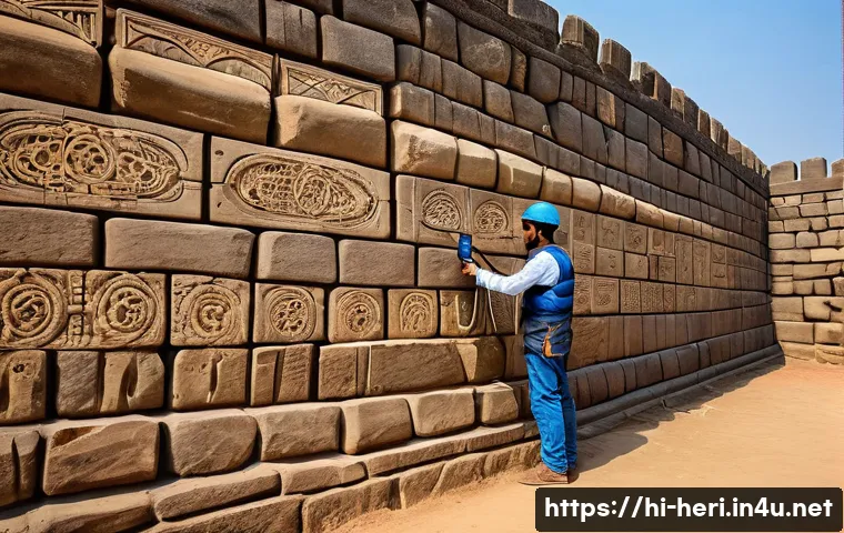 문화재수리기술자 채용 시 요구되는 능력 - A skilled restoration technician carefully examining an ancient stone wall of a historic fort in Ind...