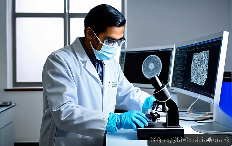 문화재수리기술자 연봉 상승을 위한 경력 쌓기 - A skilled cultural preservation technician in a modern laboratory setting, wearing professional atti...