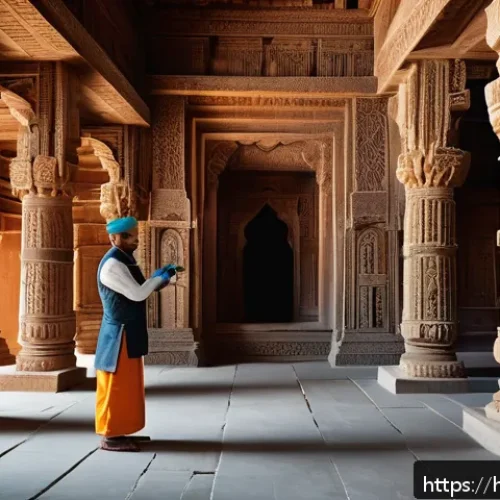 Home 32 문화재수리기술자 해외 근무 준비 - A detailed scene of a cultural heritage conservation expert using 3D scanning technology inside an a...