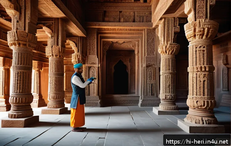 문화재수리기술자 해외 근무 준비 - A detailed scene of a cultural heritage conservation expert using 3D scanning technology inside an a...