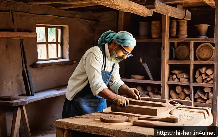 문화재수리기술자 실기시험 연습 사례 - A skilled technician practicing traditional wooden repair techniques in a well-lit workshop, wearing...