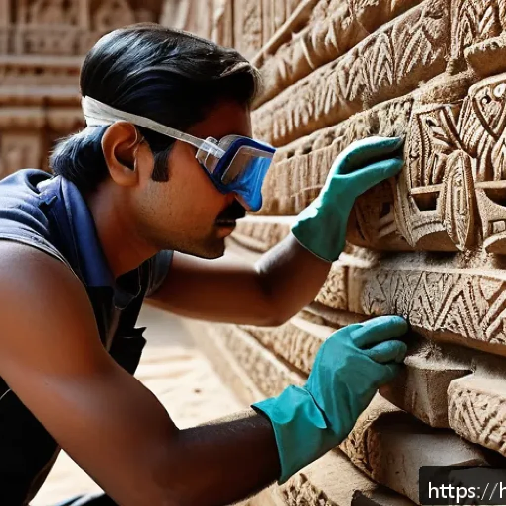 문화재수리기술자 실기시험 모의 연습 - A detailed scene of a skilled conservator carefully restoring a centuries-old Indian temple wall, we...