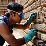 Home 23 문화재수리기술자 실기시험 모의 연습 - A detailed scene of a skilled conservator carefully restoring a centuries-old Indian temple wall, we...