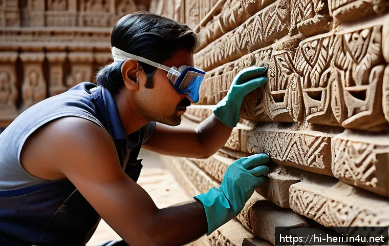 문화재수리기술자 실기시험 모의 연습 - A detailed scene of a skilled conservator carefully restoring a centuries-old Indian temple wall, we...