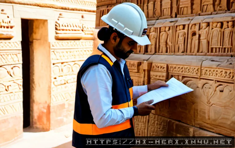 문화재수리기술자 자격증 관련 법적 책임 - Photorealistic Indian heritage restoration specialist in protective helmet and work vest carefully i...