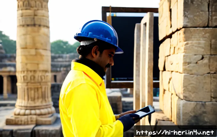 문화재수리기술자 현장 기록의 중요성 - Photorealistic heritage restoration technician in safety helmet and workwear carefully documenting a...