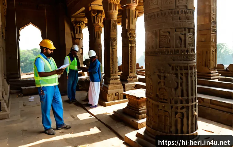 문화재수리기술자와 협력해야 하는 관련 직군 - Photorealistic heritage conservation team inspecting an ancient Indian stone temple restoration site...